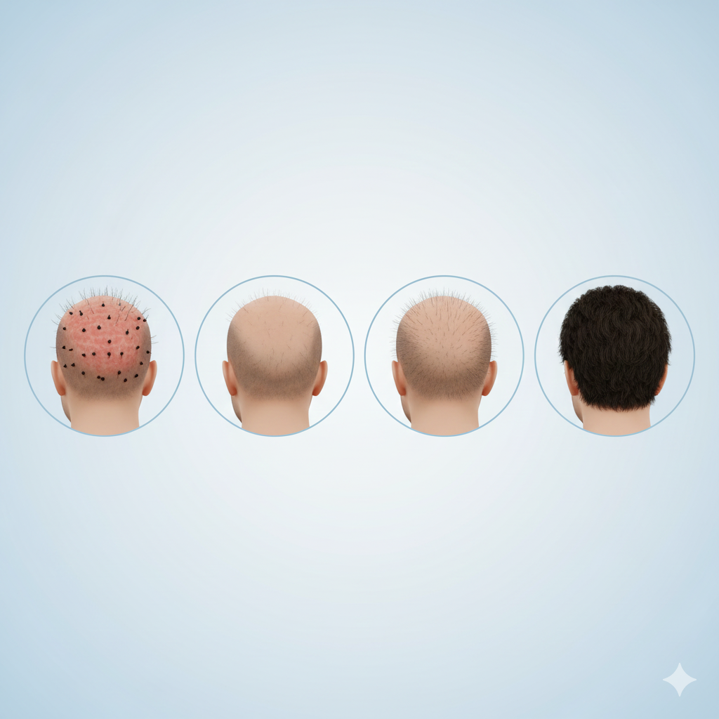 Hair transplant recovery timeline stages from day 1 to 12 months.