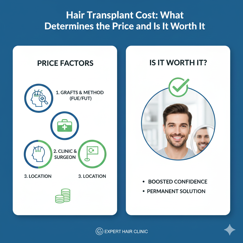 Infographic explaining hair transplant price factors including grafts, method, clinic expertise, and location with before-after confidence results.