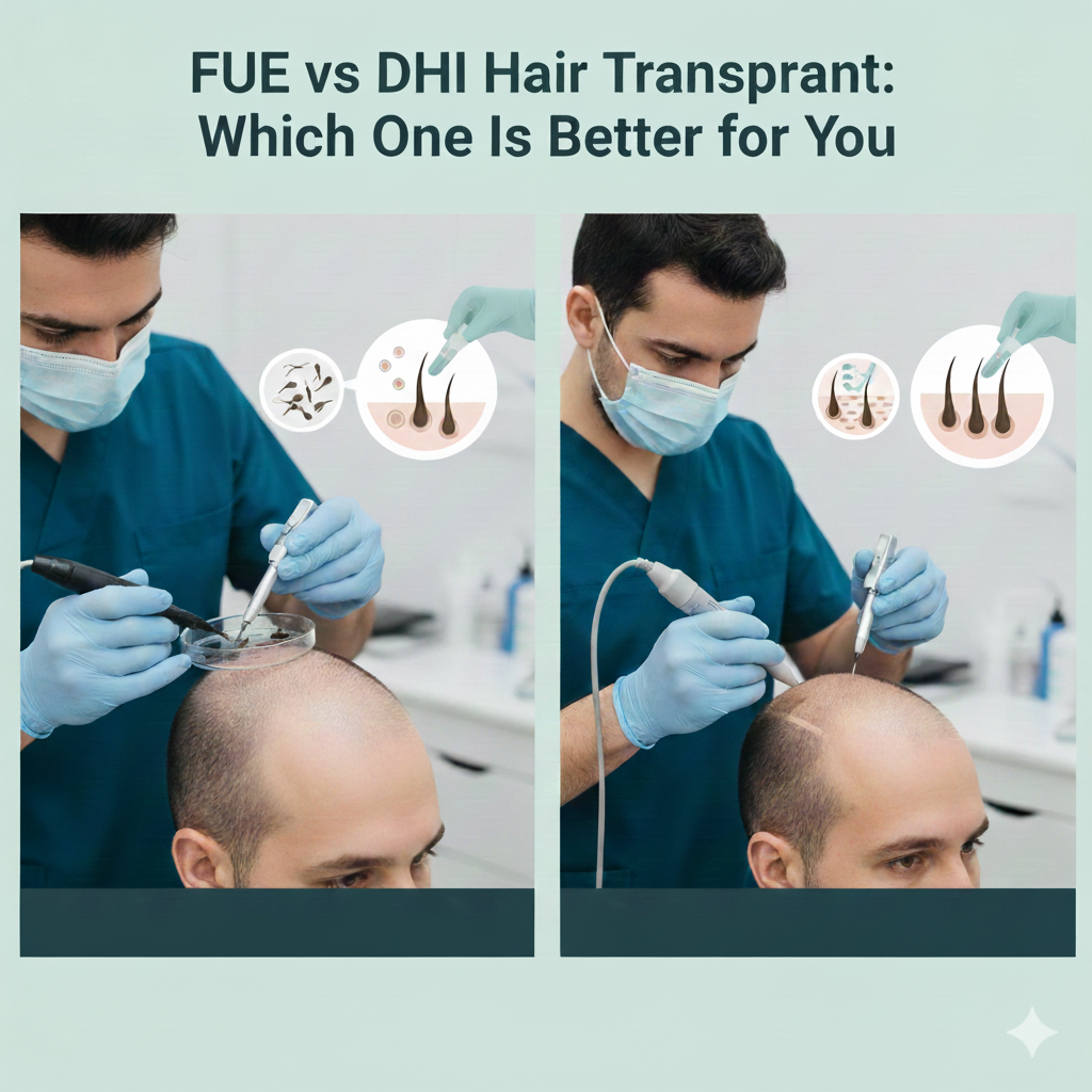 Comparison of FUE and DHI hair transplant techniques.
