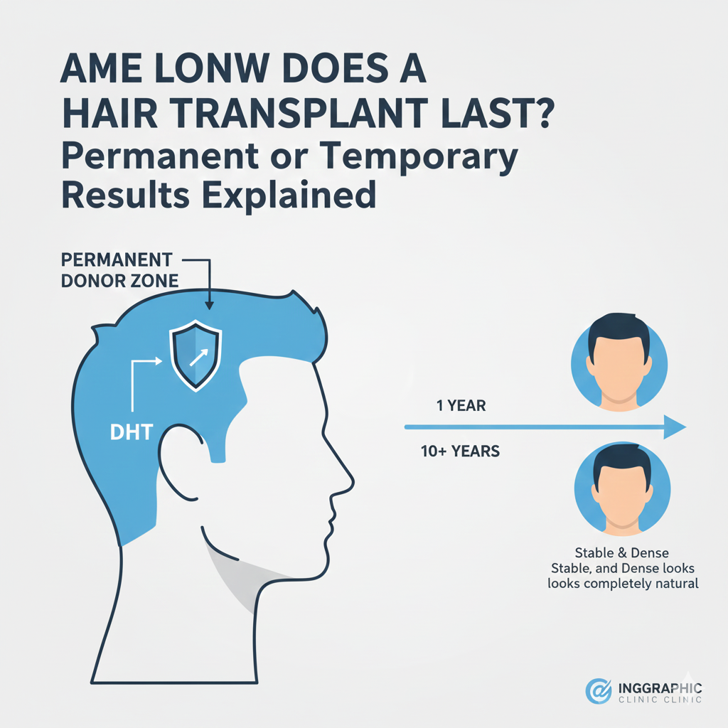 Illustration showing permanent hair transplant results and DHT-resistant hair follicles on the scalp.